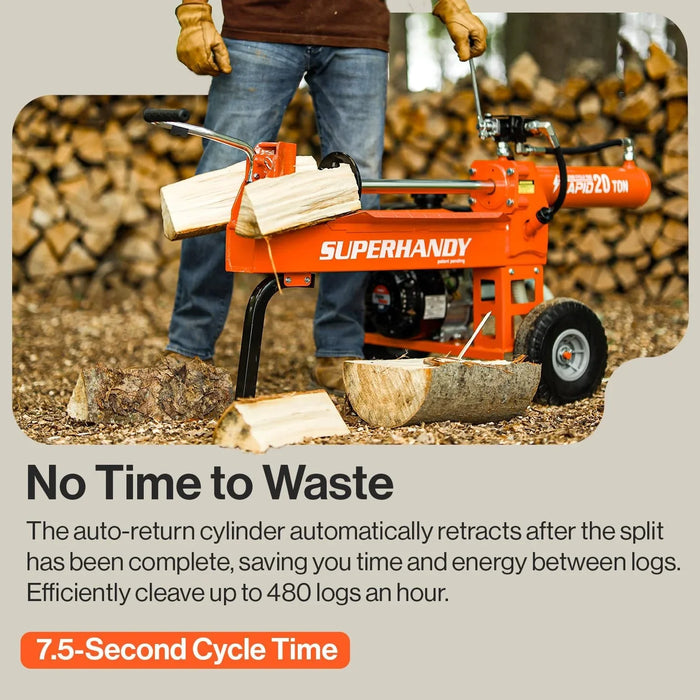 SuperHandy Log Splitter Gas Powered Portable 20 Ton Rapid Auto Return Ram System Bucher Gear Pump 7HP Engine Horizontal Full Beam Steel Wedge Firewood Splitting Forestry Harvesting