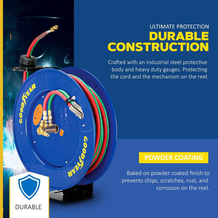Goodyear Welding Hose Reel – Retractable, 1/4 in. x 15.2 m, Spring Driven Steel Frame