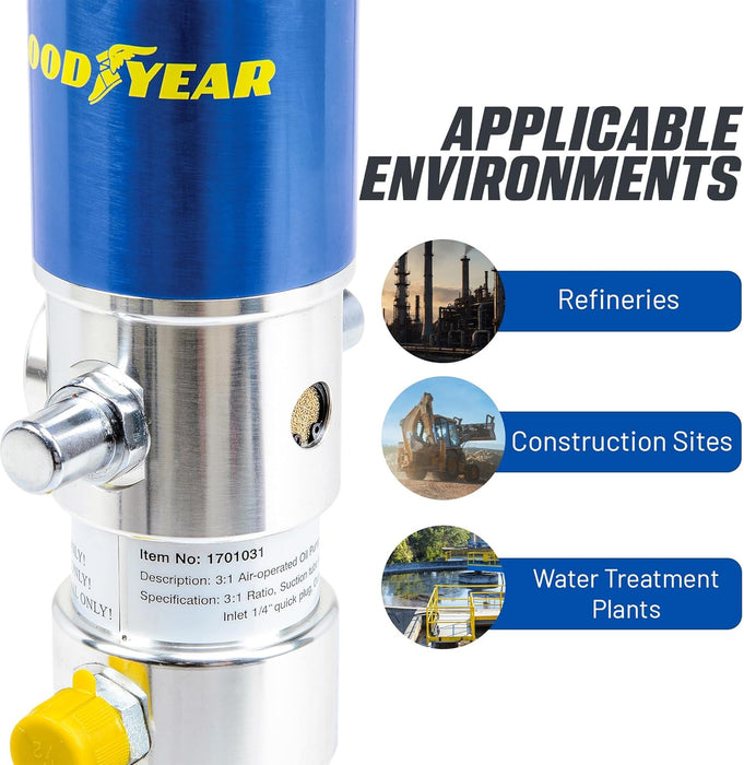 Goodyear Oil Transfer Pump Air Operated Pneumatic 3.1GPM / 12LPM PRO Heavy Duty Double Action 3:1 Fast High Flow Rate for SAE130 Oils/Fluids (NOT for Gasoline or Diesel)