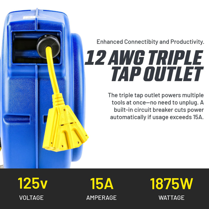Goodyear Heavy-Duty Extension Cord Reel – 12AWG x 19.8 m, Retractable, Triple Tap, Mountable