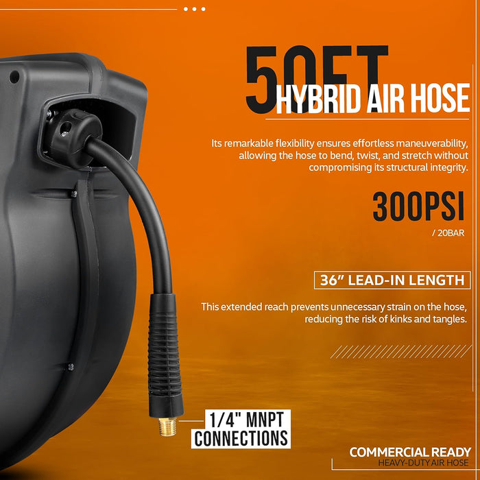 SuperHandy Retractable Air Hose Reel – 9.5 mm x 15.2 m, Commercial Flex Polymer