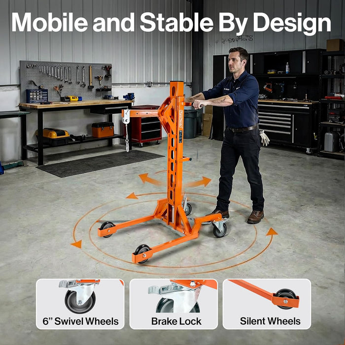 Superhandy Portable Hydraulic Crane Lift, Tool-Free Disassembly, Foot Pedal Operation, 6-Inch PU Wheels with Brakes, No Power Required, for Trucks, Garages & Workshops