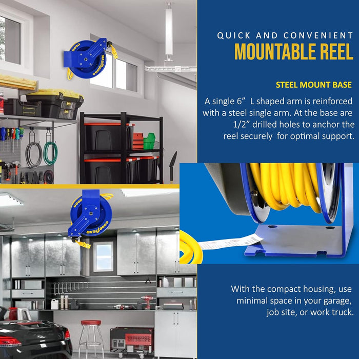 Goodyear Retractable Cord Reel – 12AWG x 15.2 m, Triple Tap, Steel Frame, 1625W Max Load