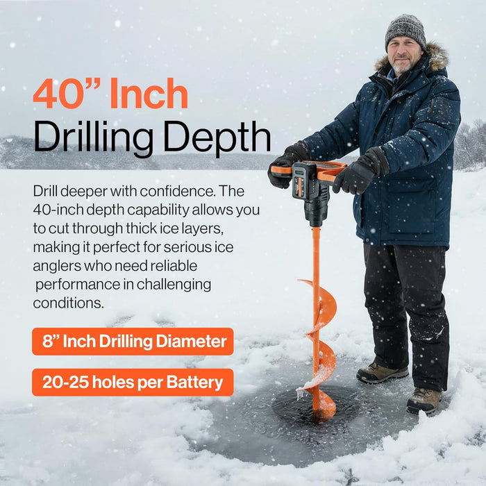 SuperHandy Ice Auger 48V 2Ah 88.8Wh Li-Ion Electric Cordless with 3-Flight Steel Bit, 24" Ice Drilling Depth, Brushless Motor, 2-Speed Transmission, LED Light – Battery & Charger Included
