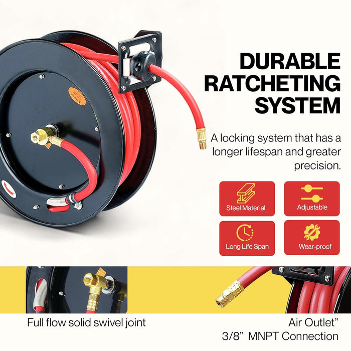 Reelworks Retractable Air Hose Reel – 3/8 in. x 15.2 m, Hybrid Polymer, 300 PSI, Swivel Mount