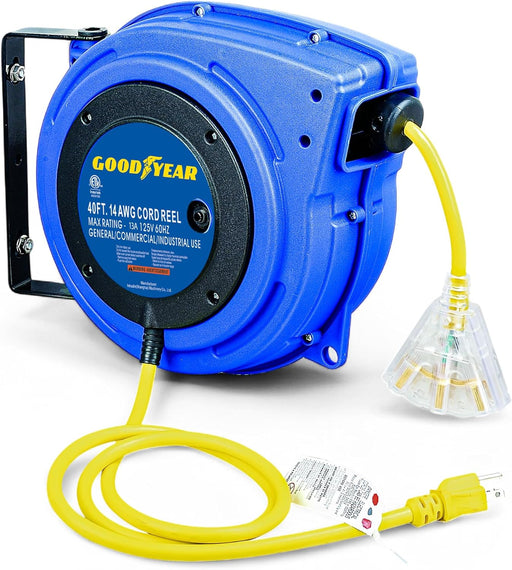 Goodyear Extension Cord Reel 14AWG x 40 Feet 3C SJTOW Triple Tap Connector Heavy Duty Slow Retraction Stop at Any Point