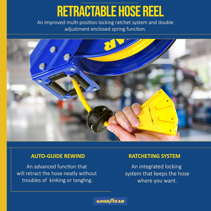 Goodyear Retractable Cord Reel – 12AWG x 15.2 m, Triple Tap, Steel Frame, 1625W Max Load