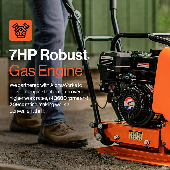 SuperHandy Plate Compactor – 7 HP 4-Stroke Engine, 1905 kg Impact Force, 5500 VPM, 51 x 38 cm Base, Water Tank Included