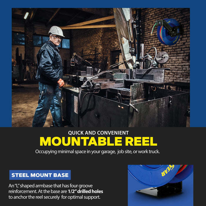 Goodyear Welding Hose Reel – Retractable, 1/4 in. x 15.2 m, Spring Driven Steel Frame