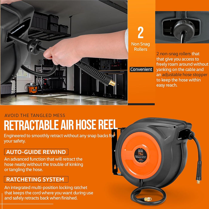 SuperHandy Retractable Air Hose Reel – 9.5 mm x 15.2 m, Commercial Flex Polymer