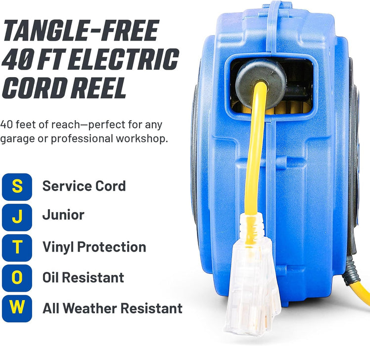 Goodyear Extension Cord Reel 14AWG x 40 Feet 3C SJTOW Triple Tap Connector Heavy Duty Slow Retraction Stop at Any Point