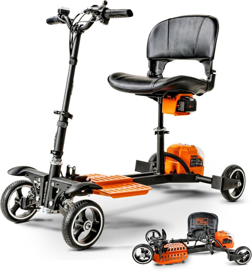 SuperHandy Passport Pro Mobility Scooter - Foldable Aluminum Frame, 4 Wheels, Includes 2 48V 2Ah Li-Ion Batteries & Charger, Supports up to 330 Lbs [Patent Pending] (Orange & Black, 330 Lbs)