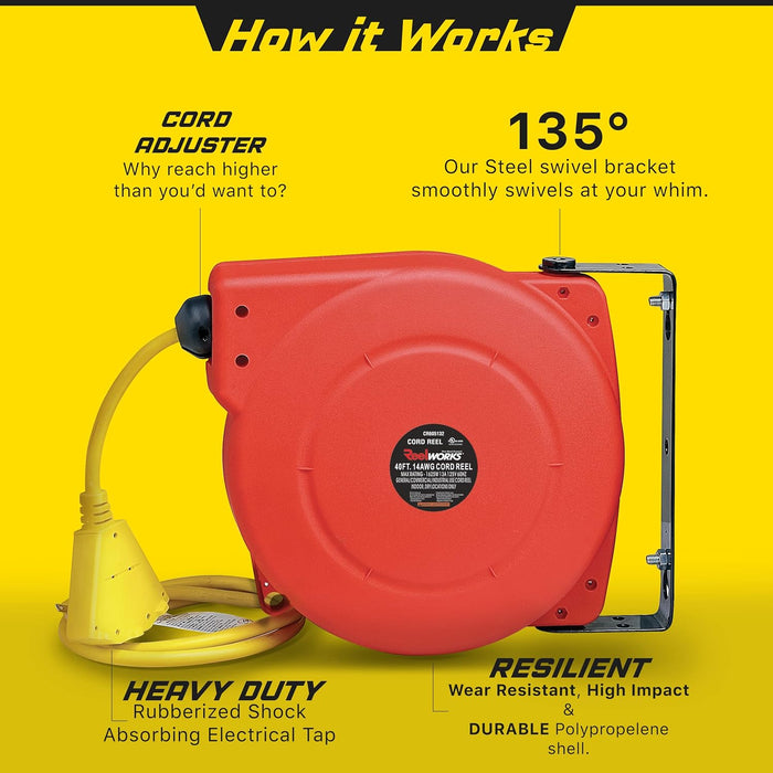 Reelworks Retractable Extension Cord Reel – 14AWG x 12.2 m, Triple Tap, 1625W Max Load