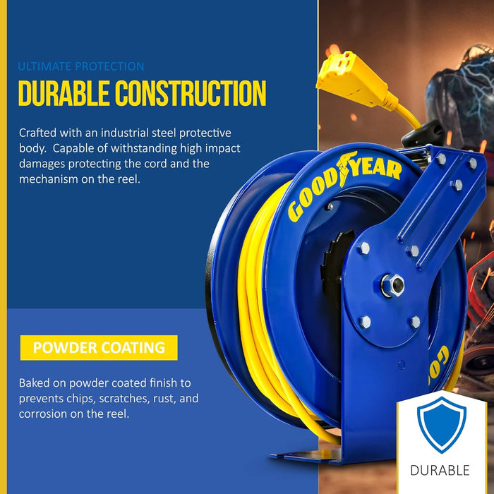Goodyear Retractable Cord Reel – 12AWG x 15.2 m, Triple Tap, Steel Frame, 1625W Max Load