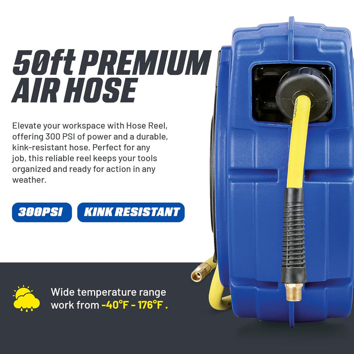 Goodyear Retractable Air Hose Reel – 3/8 in. x 15.2 m, 300 PSI, Enclosed Case, Flex Hybrid Polymer