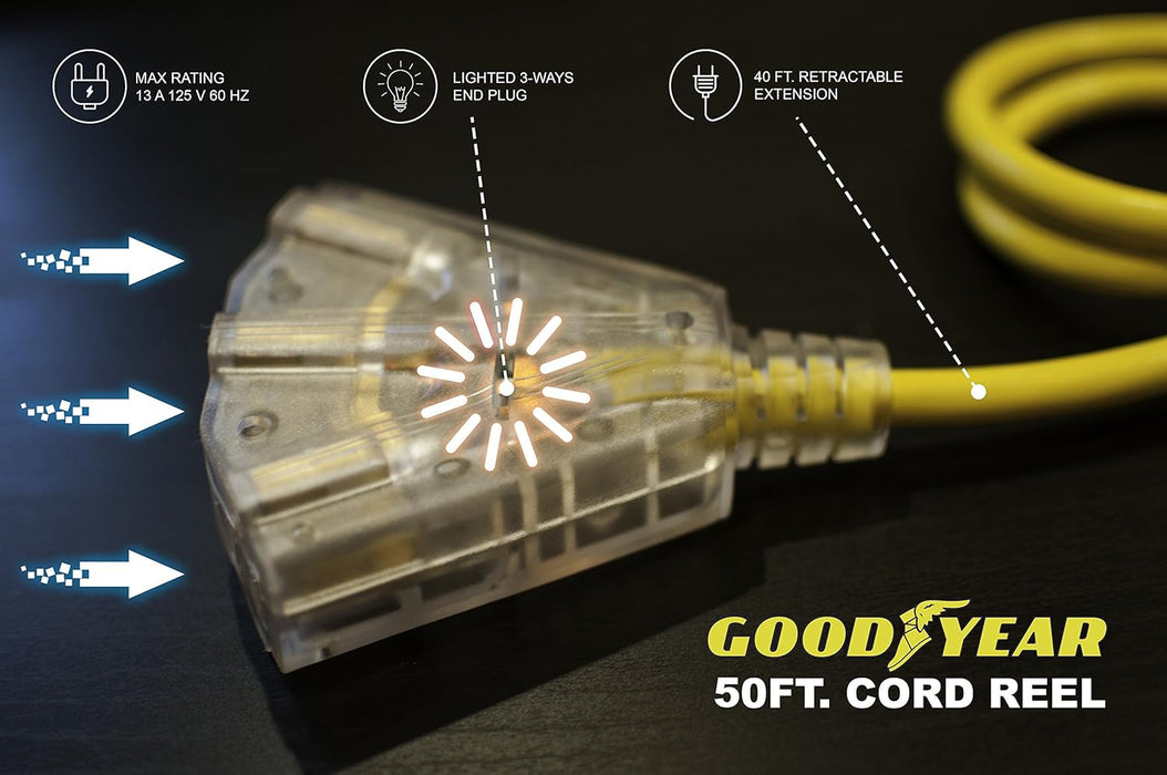 Goodyear Retractable Extension Cord Reel – 16AWG x 15.2 m, LED Triple Tap, 938W Max, Commercial Grade