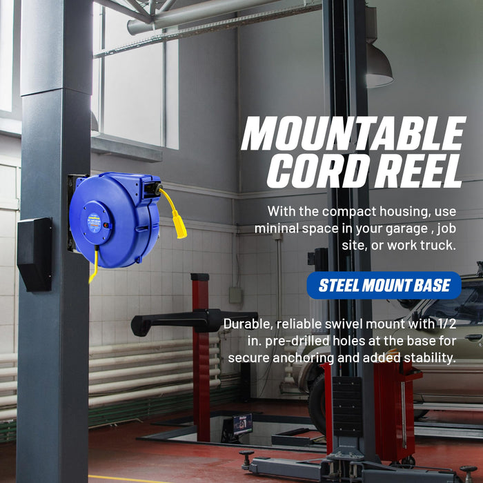 Goodyear Heavy-Duty Extension Cord Reel – 12AWG x 19.8 m, Retractable, Triple Tap, Mountable