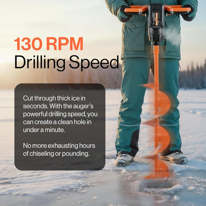SuperHandy Ice Auger 48V 2Ah 88.8Wh Li-Ion Electric Cordless with 3-Flight Steel Bit, 24" Ice Drilling Depth, Brushless Motor, 2-Speed Transmission, LED Light – Battery & Charger Included