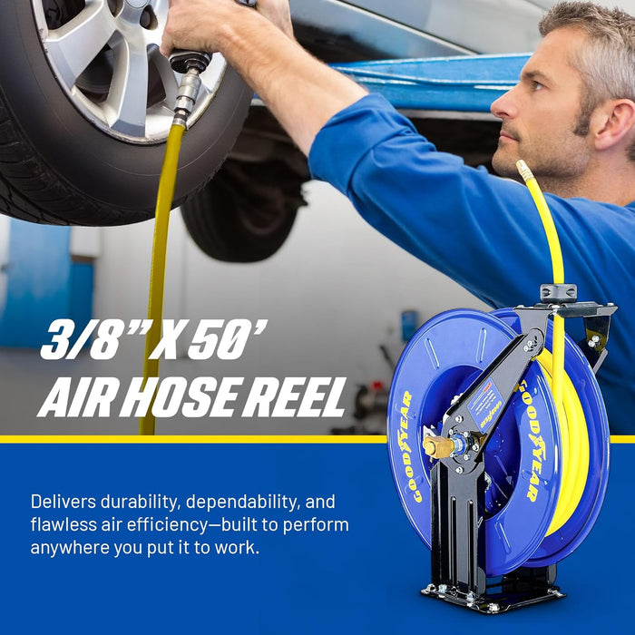 GOODYEAR Air/Water Hose Reel Retractable Spring Driven 3/8" Inch x 50' Feet Long Premium Commercial SBR Hose Max 300 Psi Reinforced Steel Construction Heavy Duty Industrial Dual Arm & Pedestal