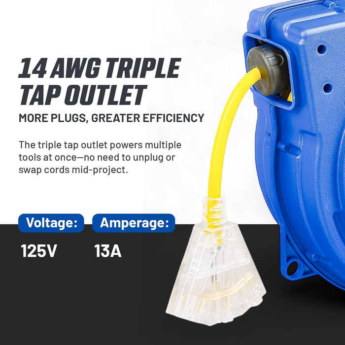 Goodyear Extension Cord Reel 14AWG x 40 Feet 3C SJTOW Triple Tap Connector Heavy Duty Slow Retraction Stop at Any Point