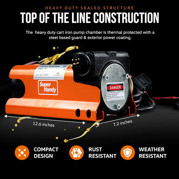 SuperHandy Diesel Transfer Pump Kit 10GPM/40LPM Heavy Duty Portable Electric DC 12V Alligator Clamps Includes: Aluminum Manual Nozzle, Delivery & Suction Hose w/Filter (NOT for Gasoline)