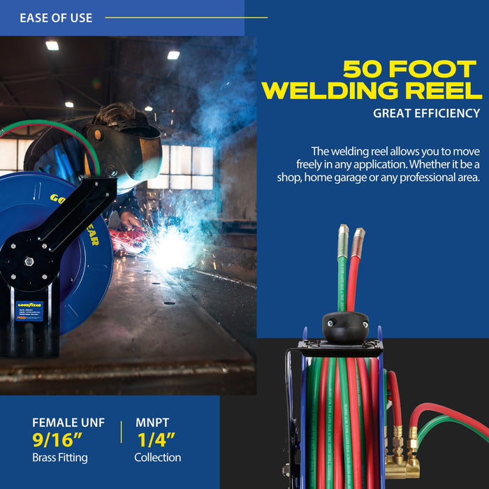 Goodyear Welding Hose Reel – Retractable, 1/4 in. x 15.2 m, Spring Driven Steel Frame