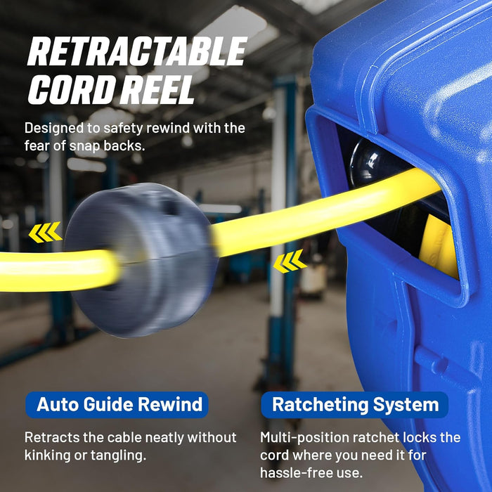 Goodyear Extension Cord Reel 14AWG x 40 Feet 3C SJTOW Triple Tap Connector Heavy Duty Slow Retraction Stop at Any Point