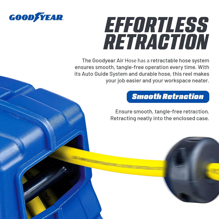 Goodyear Retractable Air Hose Reel – 3/8 in. x 15.2 m, 300 PSI, Enclosed Case, Flex Hybrid Polymer