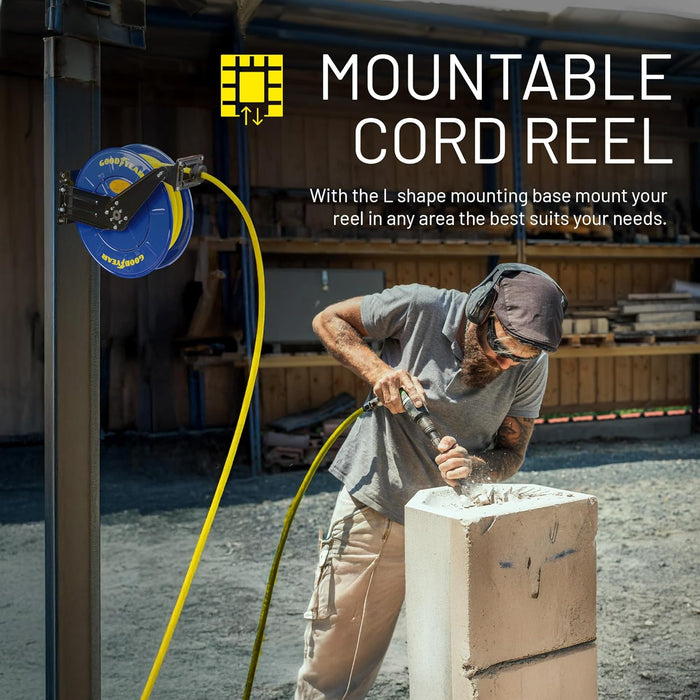GOODYEAR Air/Water Hose Reel Retractable Spring Driven 3/8" Inch x 50' Feet Long Premium Commercial SBR Hose Max 300 Psi Reinforced Steel Construction Heavy Duty Industrial Dual Arm & Pedestal