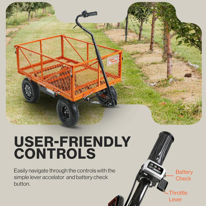 SuperHandy Electric-Assist Garden Cart - 5.7 Cubic Ft Utility Wagon, 440lbs Load, All-Terrain 10in Wheels, Anti-Rust Steel Frame, Convertible Flatbed Design