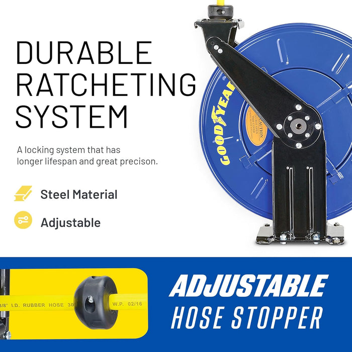 GOODYEAR Air/Water Hose Reel Retractable Spring Driven 3/8" Inch x 50' Feet Long Premium Commercial SBR Hose Max 300 Psi Reinforced Steel Construction Heavy Duty Industrial Dual Arm & Pedestal
