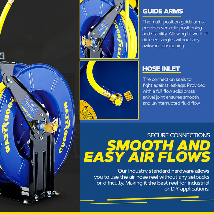 Goodyear Steel Retractable Hose Reel – 1/2 in. x 15.2 m, Rubber Hose, 300 PSI, Air/Water Compatible