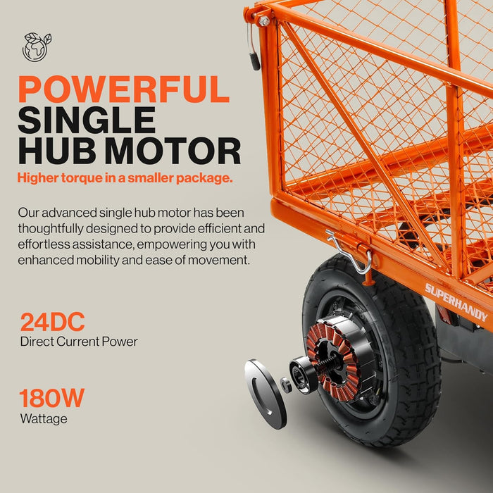 SuperHandy Electric-Assist Garden Cart - 5.7 Cubic Ft Utility Wagon, 440lbs Load, All-Terrain 10in Wheels, Anti-Rust Steel Frame, Convertible Flatbed Design