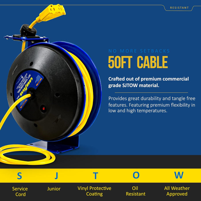Goodyear Retractable Cord Reel – 12AWG x 15.2 m, Triple Tap, Steel Frame, 1625W Max Load
