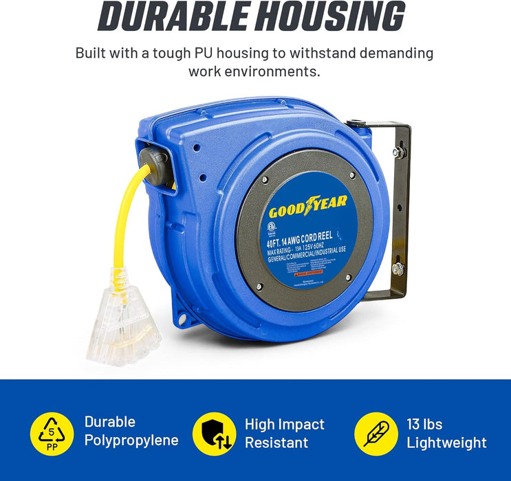 Goodyear Extension Cord Reel 14AWG x 40 Feet 3C SJTOW Triple Tap Connector Heavy Duty Slow Retraction Stop at Any Point