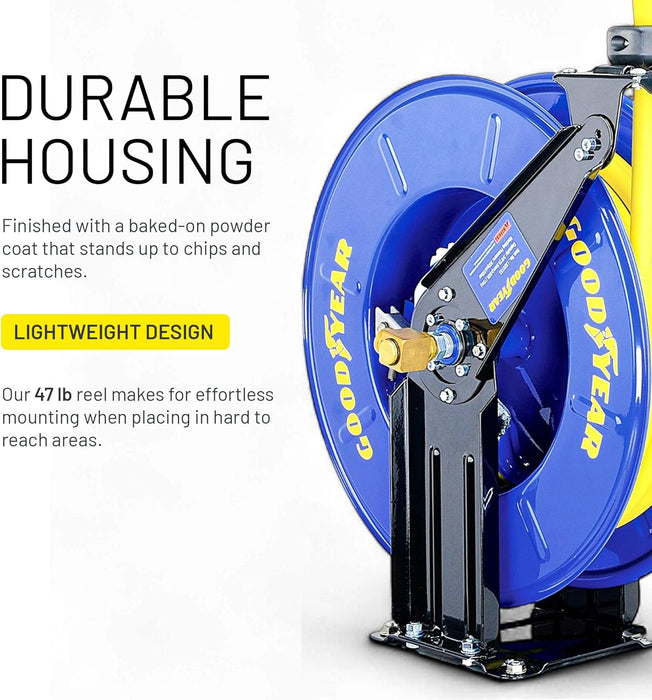 GOODYEAR Air/Water Hose Reel Retractable Spring Driven 3/8" Inch x 50' Feet Long Premium Commercial SBR Hose Max 300 Psi Reinforced Steel Construction Heavy Duty Industrial Dual Arm & Pedestal