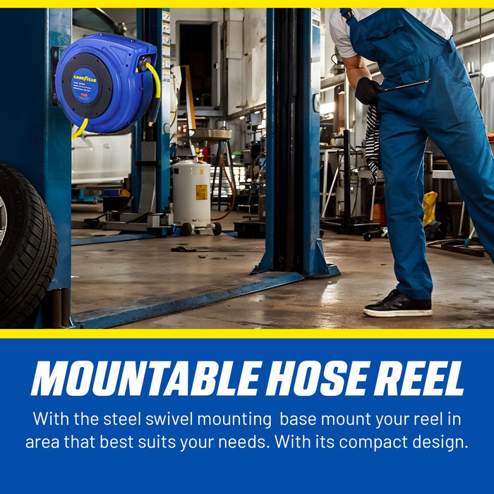 Goodyear Retractable Air Hose Reel – 3/8 in. x 19.8 m, 300 PSI, Flex Hybrid, Polypropylene Case