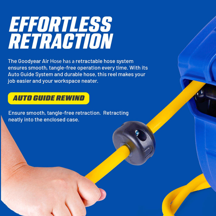 Goodyear Retractable Air Hose Reel – 3/8 in. x 19.8 m, 300 PSI, Flex Hybrid, Polypropylene Case