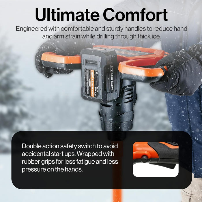 SuperHandy Ice Auger 48V 2Ah 88.8Wh Li-Ion Electric Cordless with 3-Flight Steel Bit, 24" Ice Drilling Depth, Brushless Motor, 2-Speed Transmission, LED Light – Battery & Charger Included