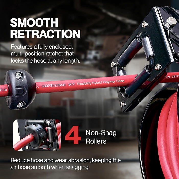 Reelworks Retractable Air Hose Reel – 3/8 in. x 15.2 m, Hybrid Polymer, 300 PSI, Swivel Mount