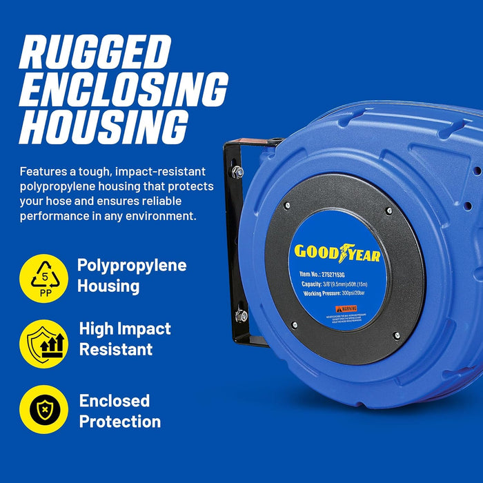 Goodyear Retractable Air Hose Reel – 3/8 in. x 15.2 m, 300 PSI, Enclosed Case, Flex Hybrid Polymer
