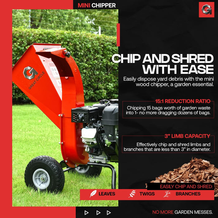 Great Circle USA Mini Wood Chipper Shredder Mulcher Ultra Duty 7 HP Gas Powered 3" Inch Max Wood Capacity EPA/CARB Certified Aids in Fire Prevention and Building Firebreaks