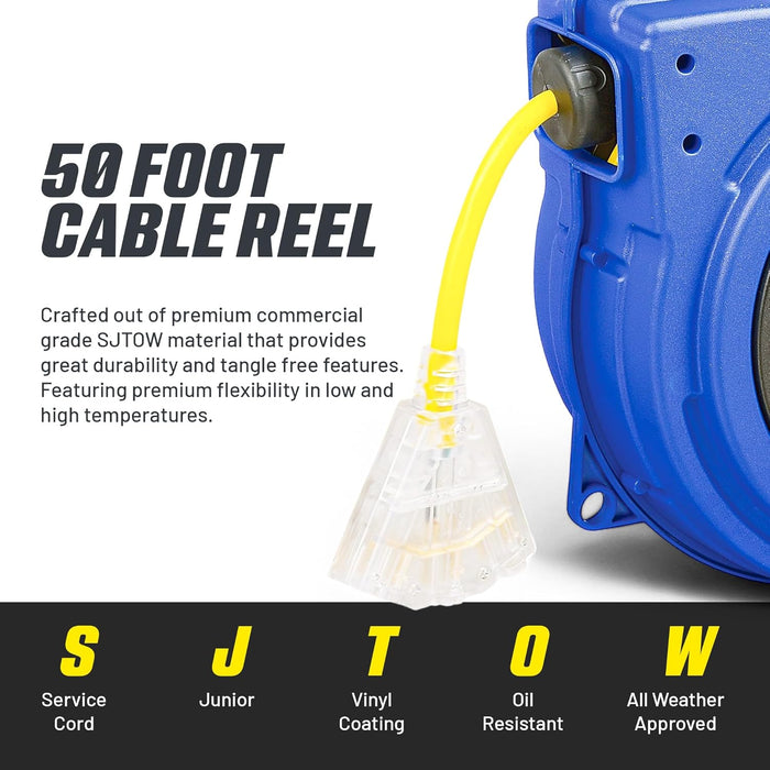 Goodyear Heavy-Duty Cord Reel – 12AWG x 12.2 m, Triple Tap, LED Connector, 125V, Industrial Use