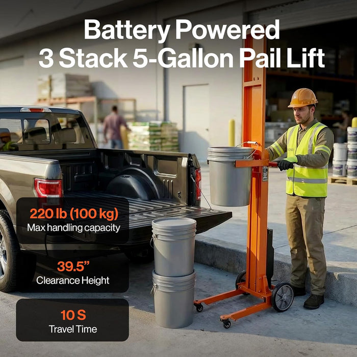 Electric Pail Lift Hand Truck, 220 Lb Capacity for 5-Gallon Buckets, 48V 2Ah Battery Powered Lifter, Lightweight Portable Design, Quiet & Efficient Motor for Easy Loading