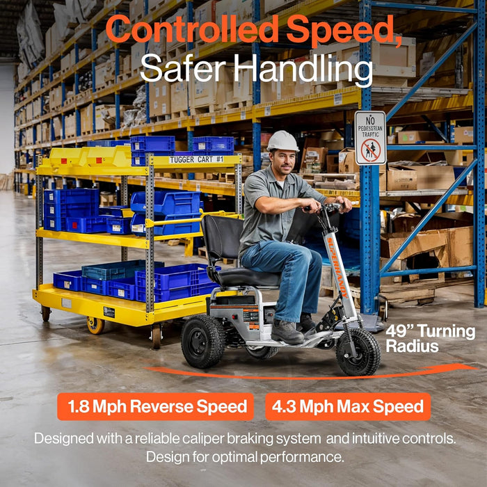 SuperHandy Electric Tugger Cart, Industrial Tow Tractor Riding Scooter - 1 Seater, 2600 lbs Towing Cap, 350 lbs load cap, 48V 4Ah Li-Ion Battery - For Warehouse Material & Mobility Personnel Transport