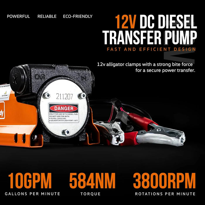SuperHandy Diesel Transfer Pump Kit 10GPM/40LPM Heavy Duty Portable Electric DC 12V Alligator Clamps Includes: Aluminum Manual Nozzle, Delivery & Suction Hose w/Filter (NOT for Gasoline)