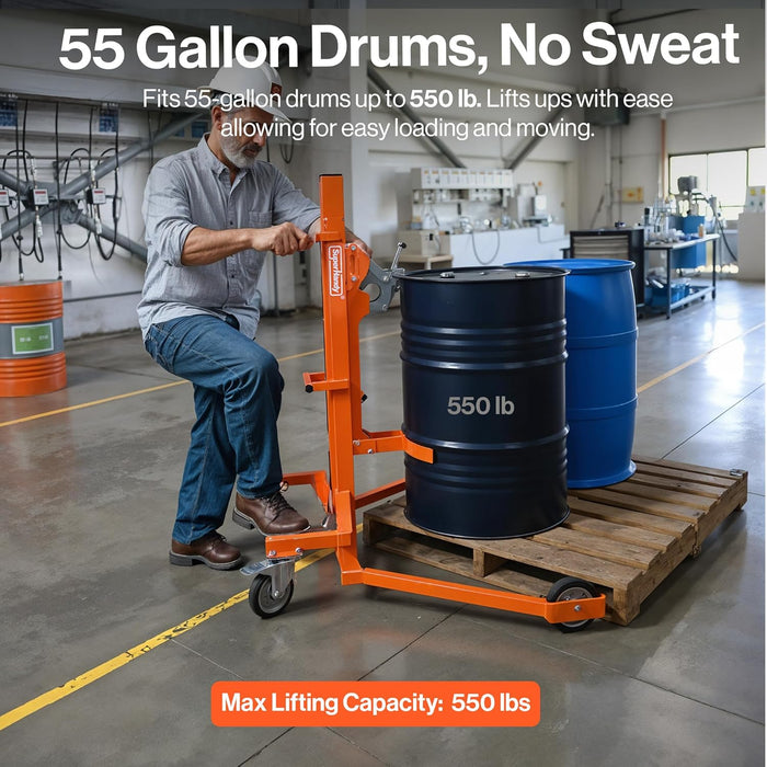 SuperHandy Hydraulic Drum Lift for 55-Gallon Drums – Heavy-Duty Barrel Lifter, 550 LB Capacity, Easy-to-Use Manual Drum Handler with PU Wheels for Warehouse & Industrial Use