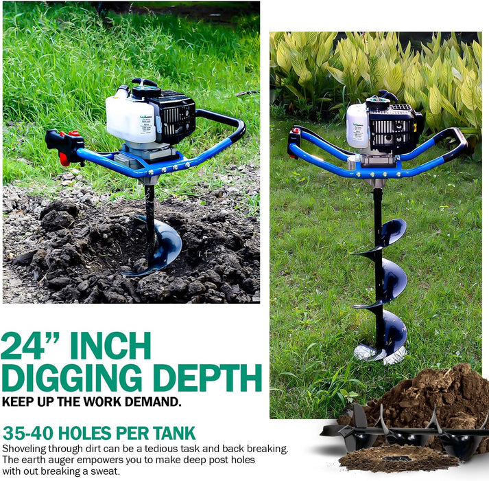 Landworks Earth Auger Power Head – 3HP 52cc Gas, 20 cm x 76 cm Bit, for Post Holes & Drilling
