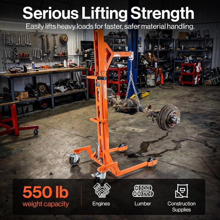 Superhandy Portable Hydraulic Crane Lift, Tool-Free Disassembly, Foot Pedal Operation, 6-Inch PU Wheels with Brakes, No Power Required, for Trucks, Garages & Workshops