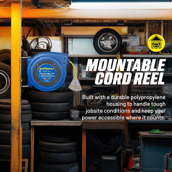 Goodyear Heavy-Duty Cord Reel – 12AWG x 12.2 m, Triple Tap, LED Connector, 125V, Industrial Use